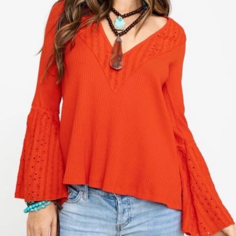 Free People Parisian Nights‎ Bell Sleeve Peasant Blouse Eyelet Orange Size S/M